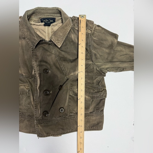 LONDON Jean Olive dyed distressed cropped double breasted utility Jacket size L - Picture 8 of 15